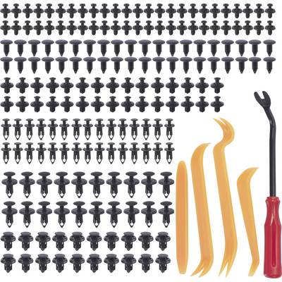 Set of black plastic clips and fastening elements in various sizes with five orange lever tools and one black tool.