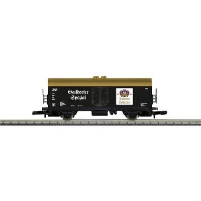 Black goods wagon with a brown roof, inscribed with 'Gulden Draak', decorated with a coat of arms, standing on railway tracks.