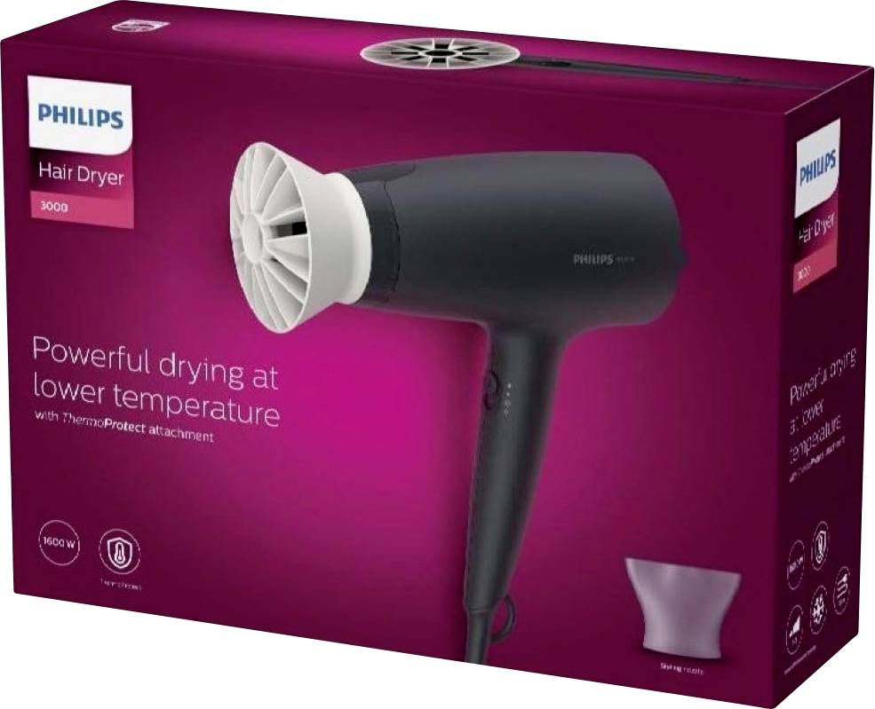 A Philips hairdryer on a red packaging. Text: 'Powerful drying at lower temperature' with 'ThermoProtect Attachment'.