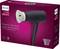 A Philips hairdryer on a red packaging. Text: 'Powerful drying at lower temperature' with 'ThermoProtect Attachment'.
