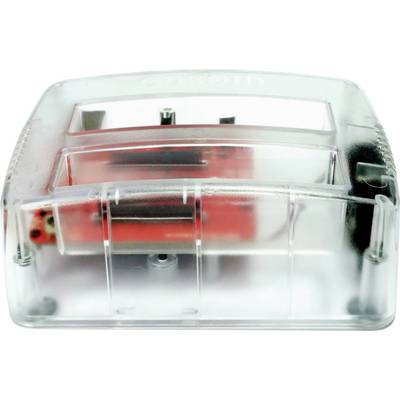 A transparent plastic case protects a red electronic circuit, with some connections and components visible inside.