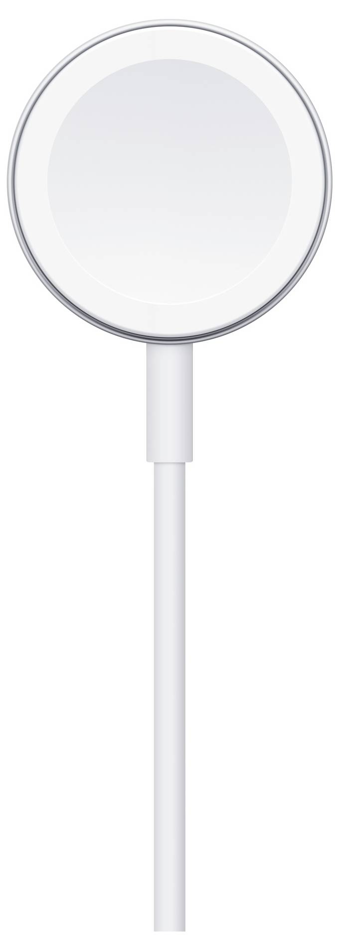 A circular, white charger with a cable.