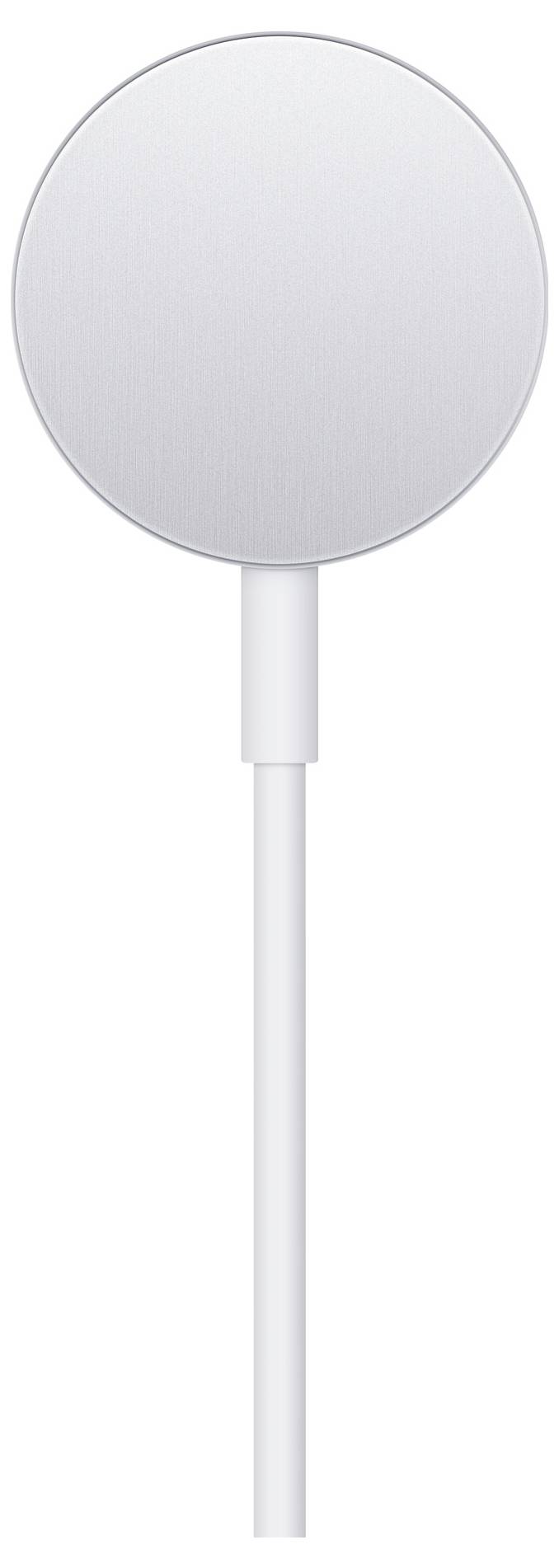 Round, silver charger with cable, similar to a wireless charging pad for electronic devices.