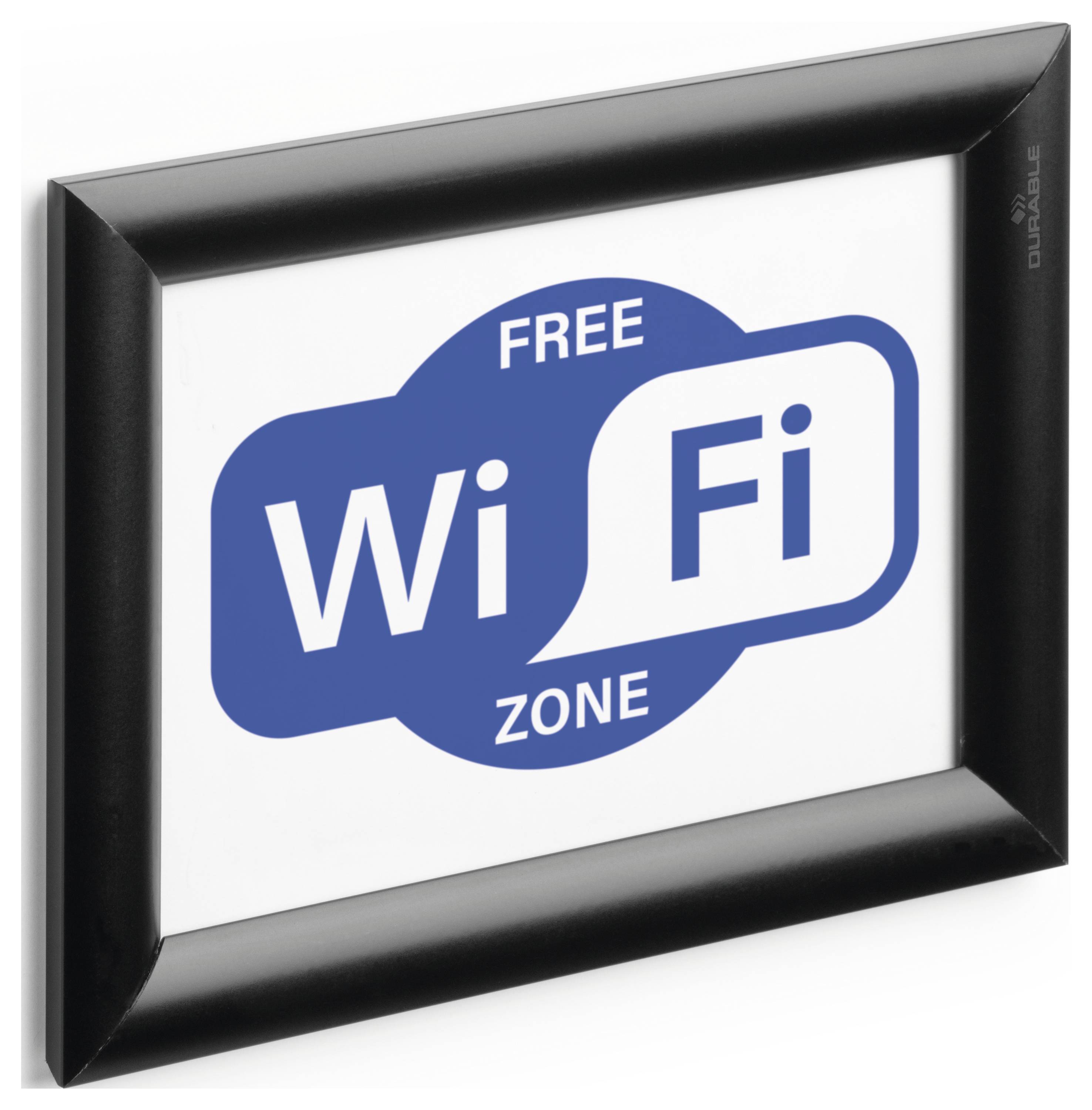 A sign reading 'Free WiFi Zone' in blue speech bubbles on a white background in a black frame.