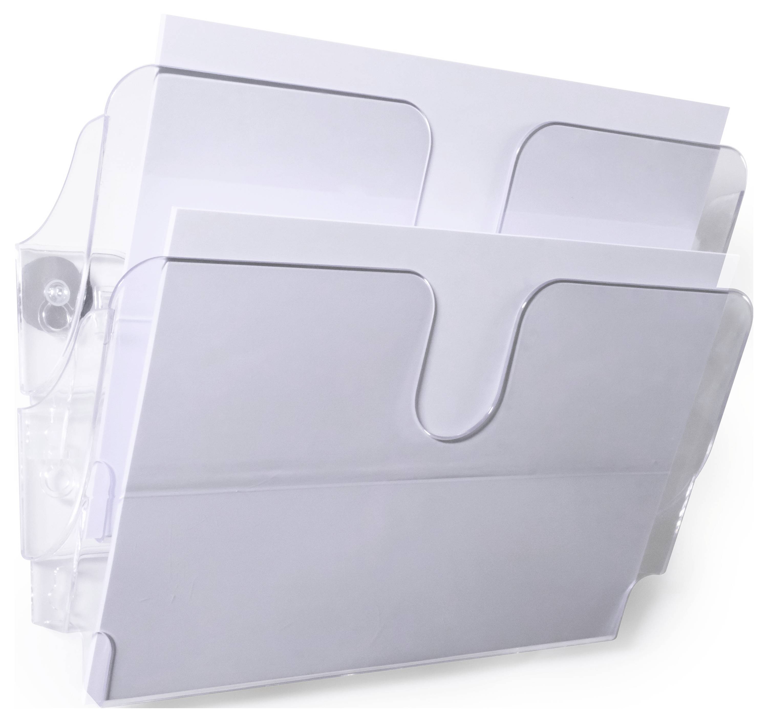 Two transparent wall-mounted document holders with U-shaped openings, each containing a stack of white papers, mounted on a wall.