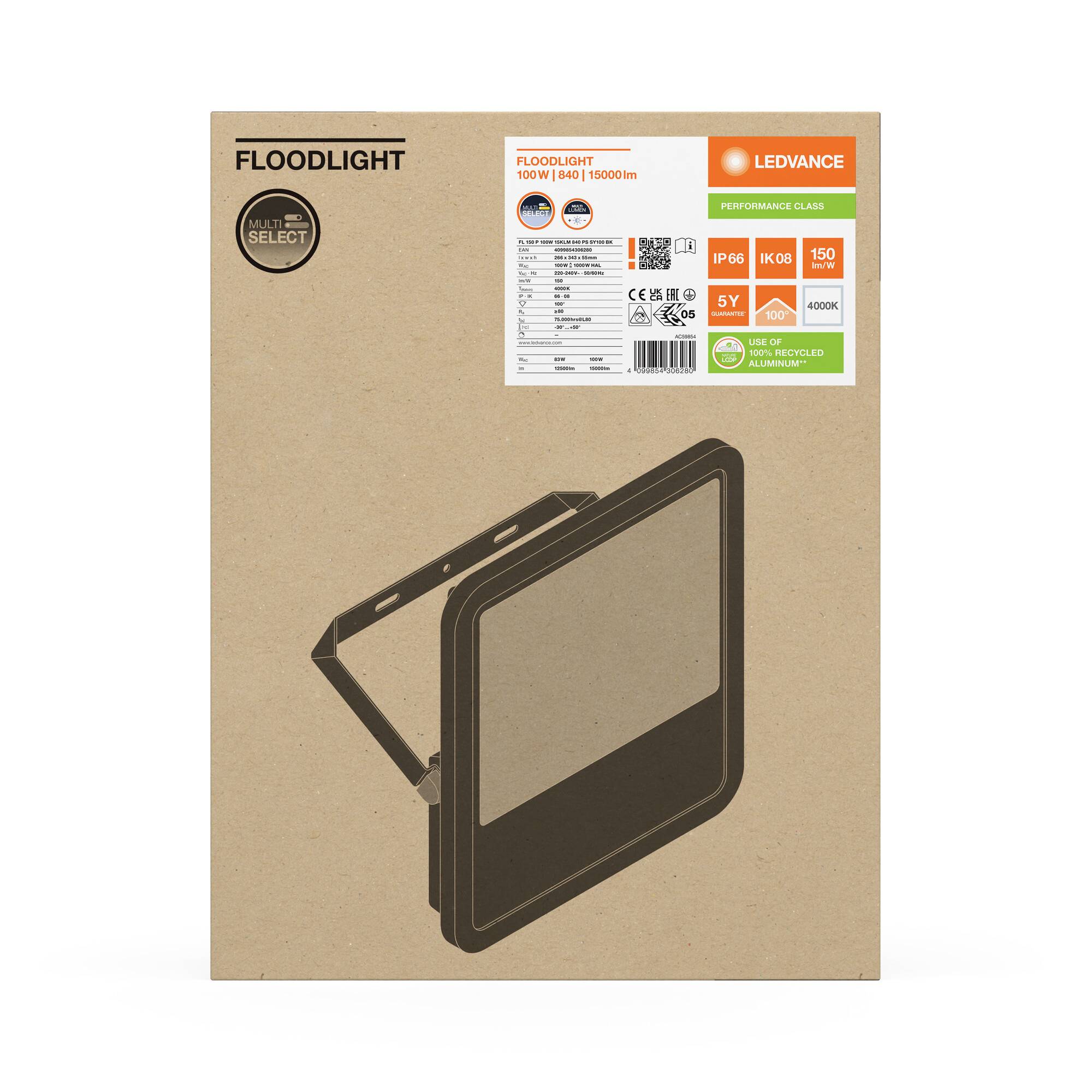 A packaging for an LED floodlight by Ledvance with specifications such as Power: 100 W, Brightness: 10,000 lm, Protection Class IP65.