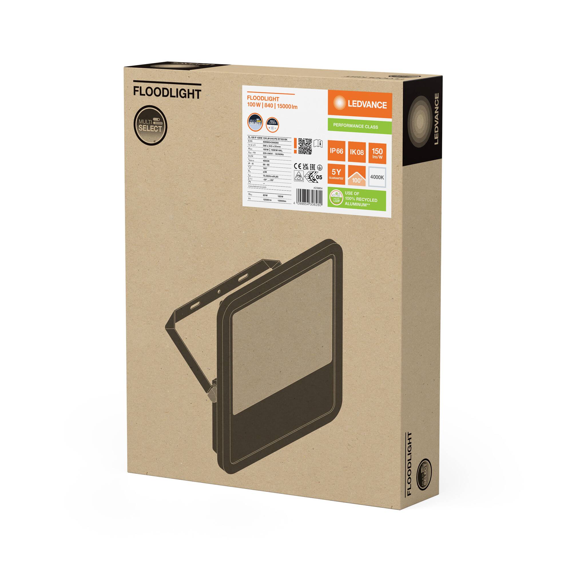Packaging of an LED floodlight by Ledvance. Contains technical specifications such as 150 W power and 15,000 lm brightness.