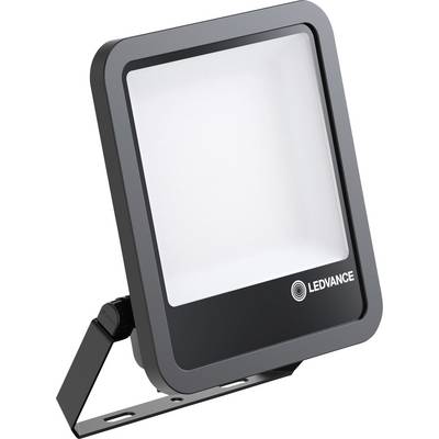 'Black LED floodlight angled, suitable for outdoor lighting. Rectangular design with brand logo bottom right.'