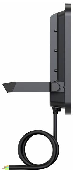 Side view of a wall-mounted electronic device with an extendable arm and a coiled black cable at the bottom.