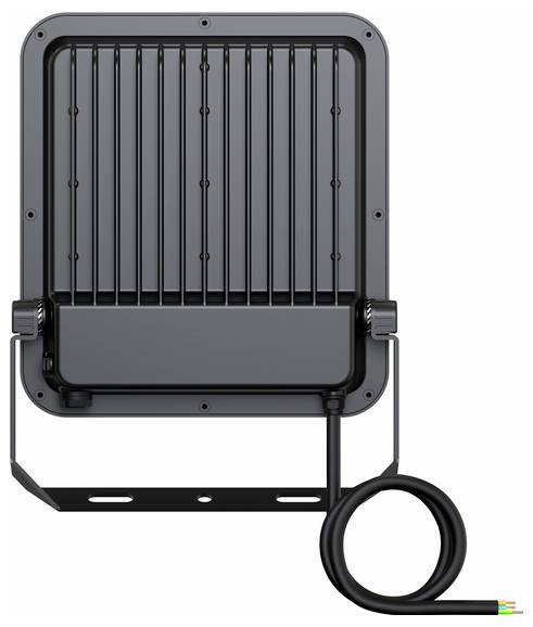 A rectangular LED floodlight with a black metal frame, cooling fins, and a coiled power cable at the bottom, mounted on an adjustable bracket.