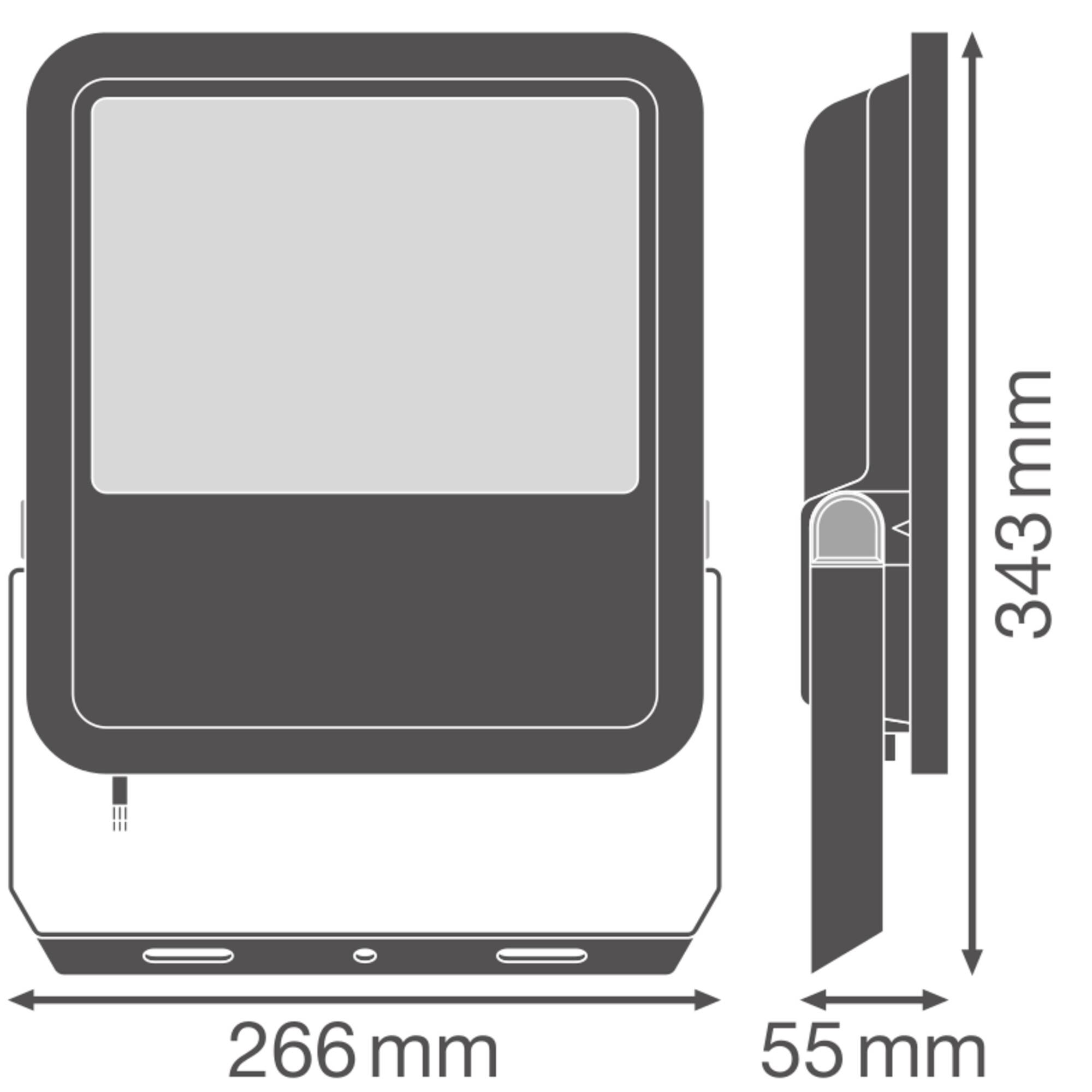Figure of a device with dimensions 266 mm width, 343 mm height and 55 mm depth. Shows front and side view.