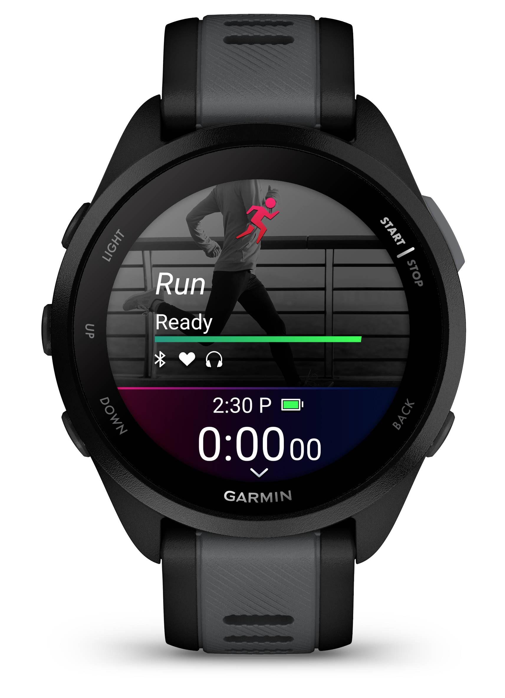 'Garmin watch with running app on the display: start screen showing time, heart rate, connection status, and running function on standby.'