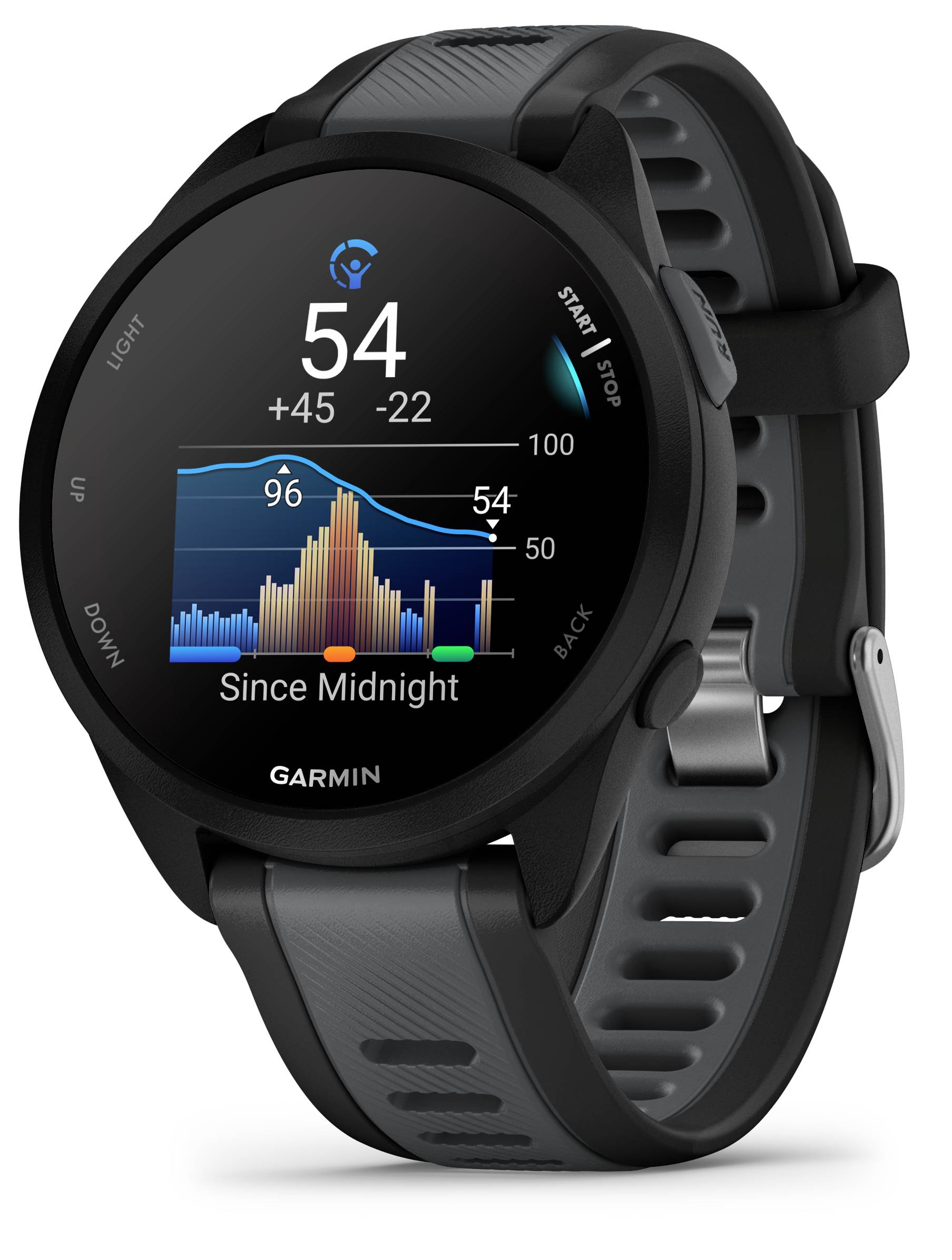 Black smartwatch with a round dial displays graphical data on heart rate and activity log since midnight.