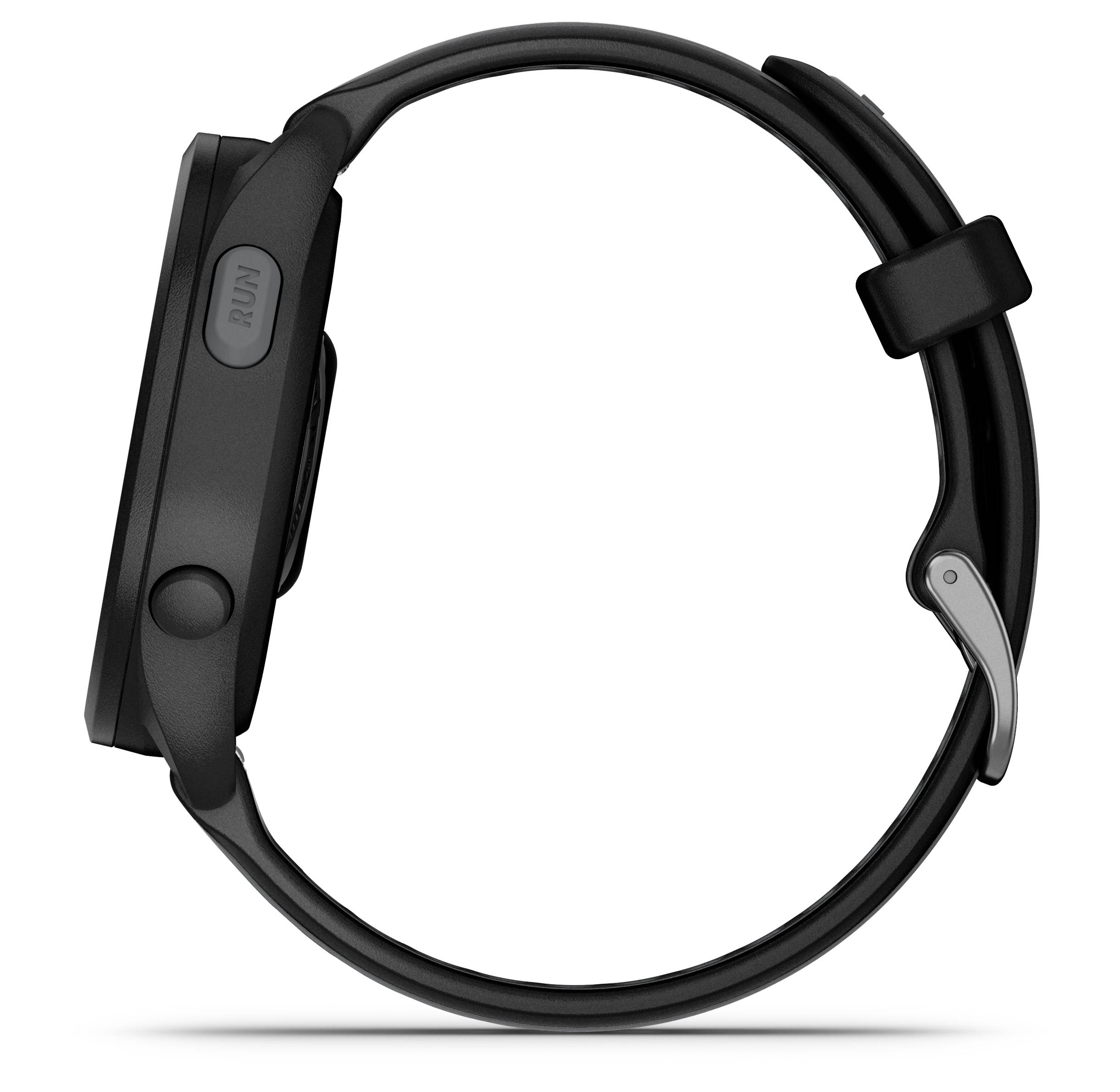 A black sports watch in profile view. It has a round, flat dial and an adjustable strap with a buckle.