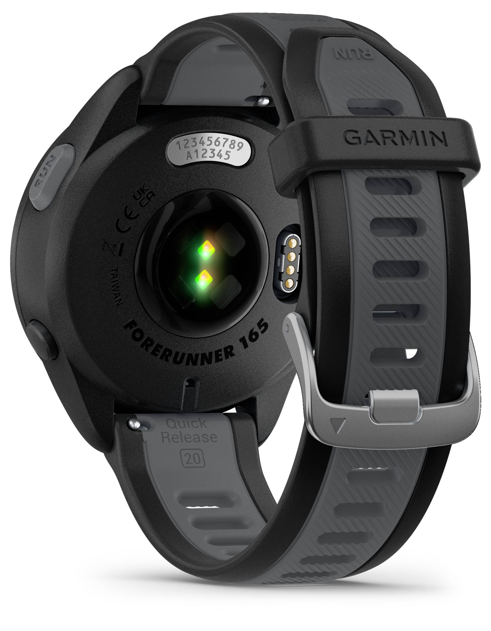 Black sports watch by Garmin, Forerunner 165 model, with grey strap and sensors on the back for heart rate monitoring.