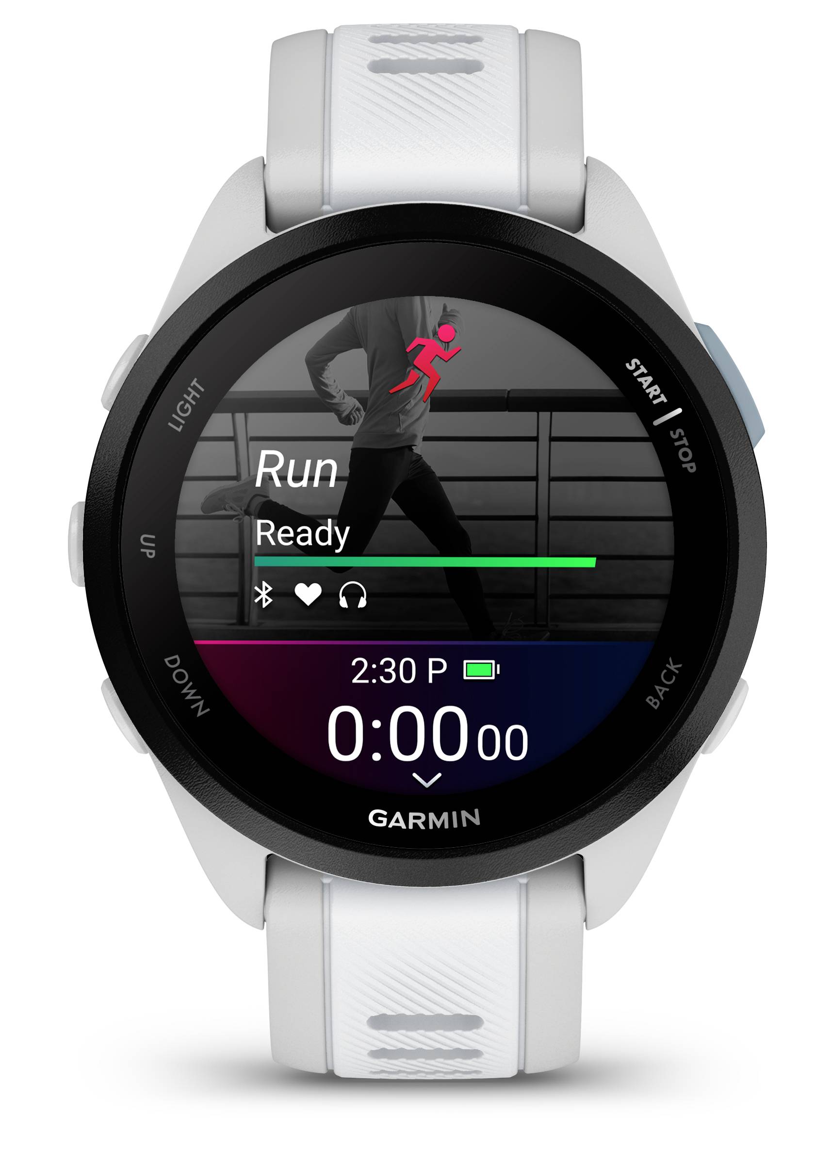 A smartwatch displays the home screen of a fitness app with the running icon, ready to start, and shows the time as 2:30 PM.