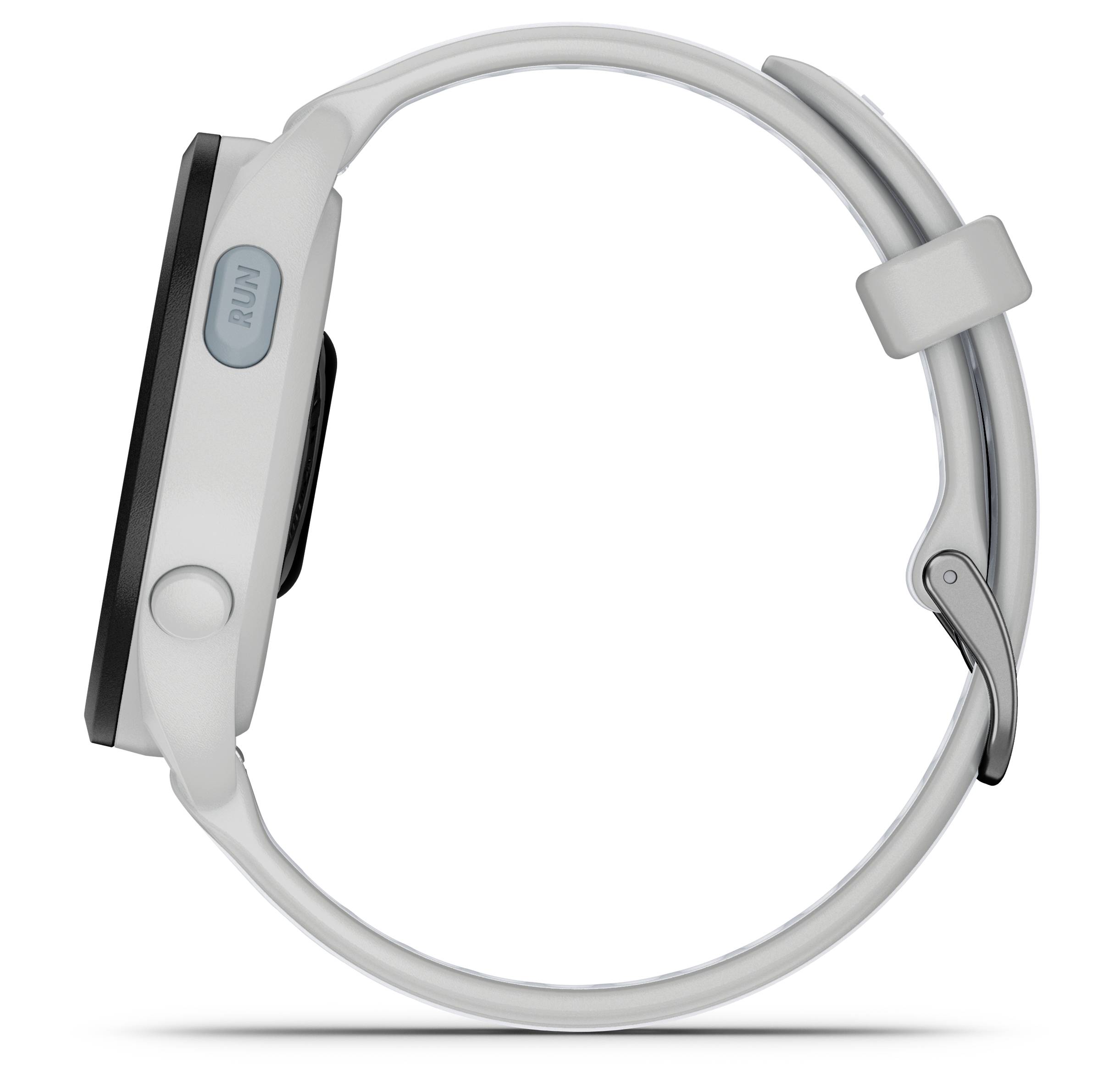White smartwatch in side profile, showing a minimalist design with one button and a strap fastening.