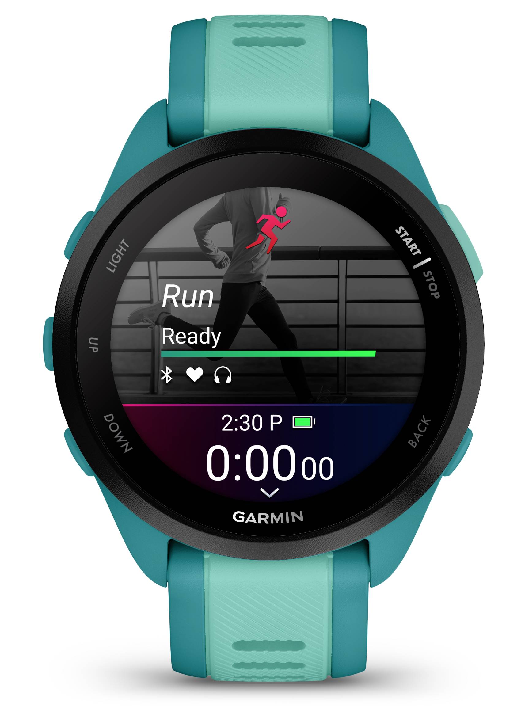 Smartwatch displays 'Run Ready' screen with time, heart rate symbol, and Bluetooth symbol. Turquoise strap, navy blue casing.