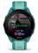 Smartwatch displays 'Run Ready' screen with time, heart rate symbol, and Bluetooth symbol. Turquoise strap, navy blue casing.