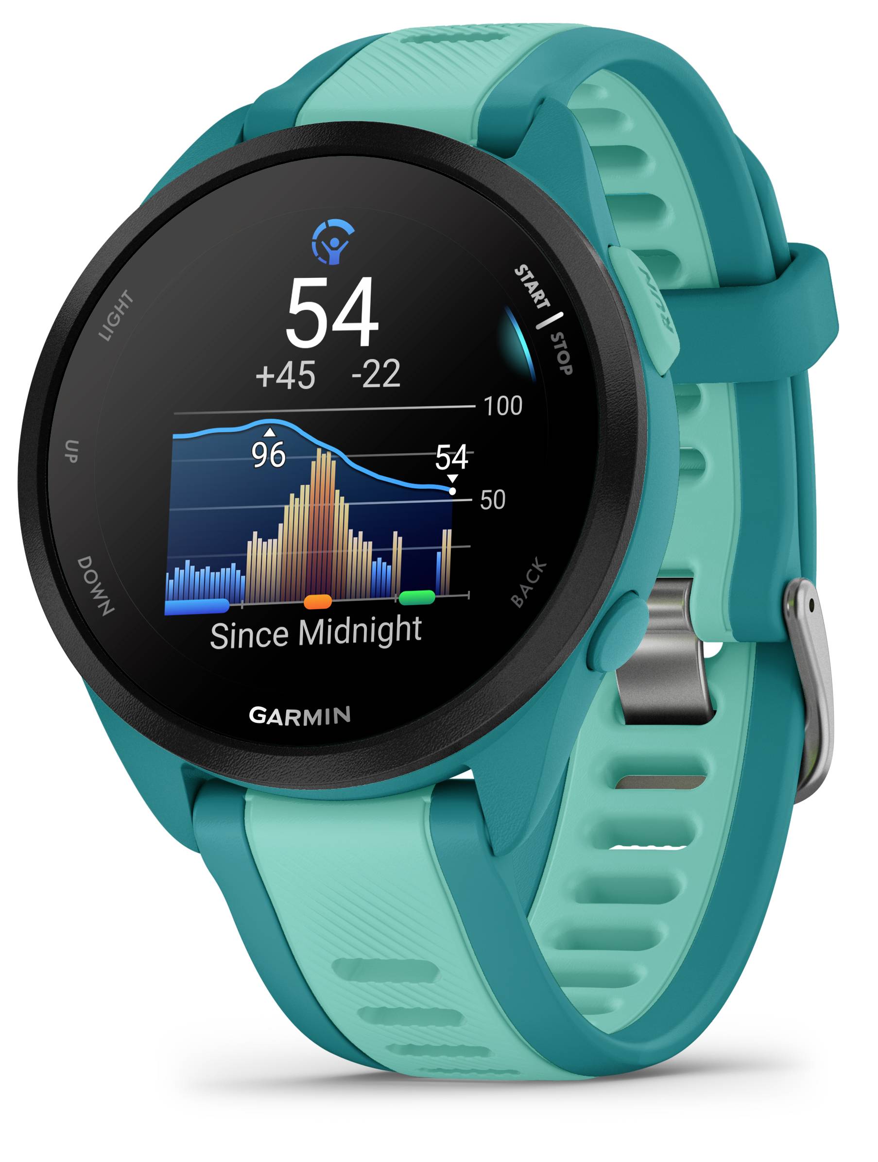 A smartwatch with a blue strap displays a bar graph trend of glucose levels since midnight on its screen.