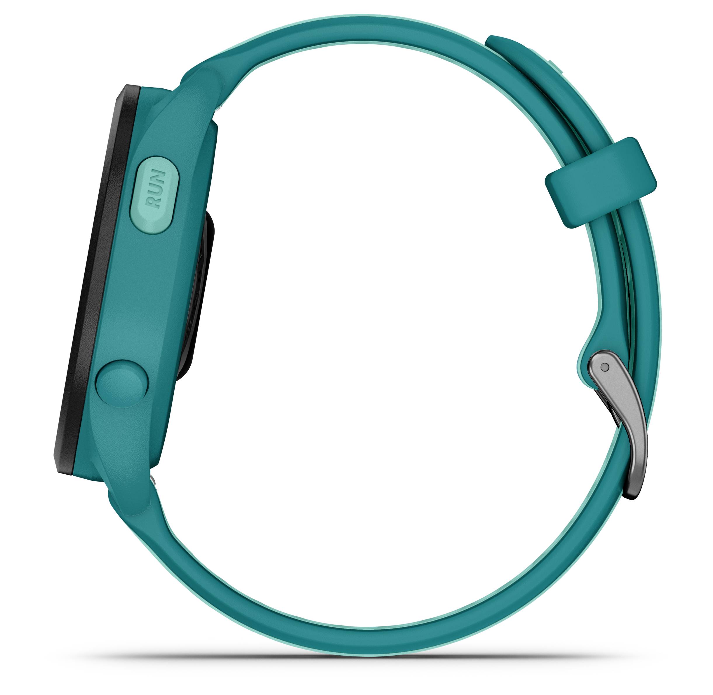 A smart, turquoise sports watch with an oval dial and a button labelled 'Run'. It is sleekly and functionally designed.