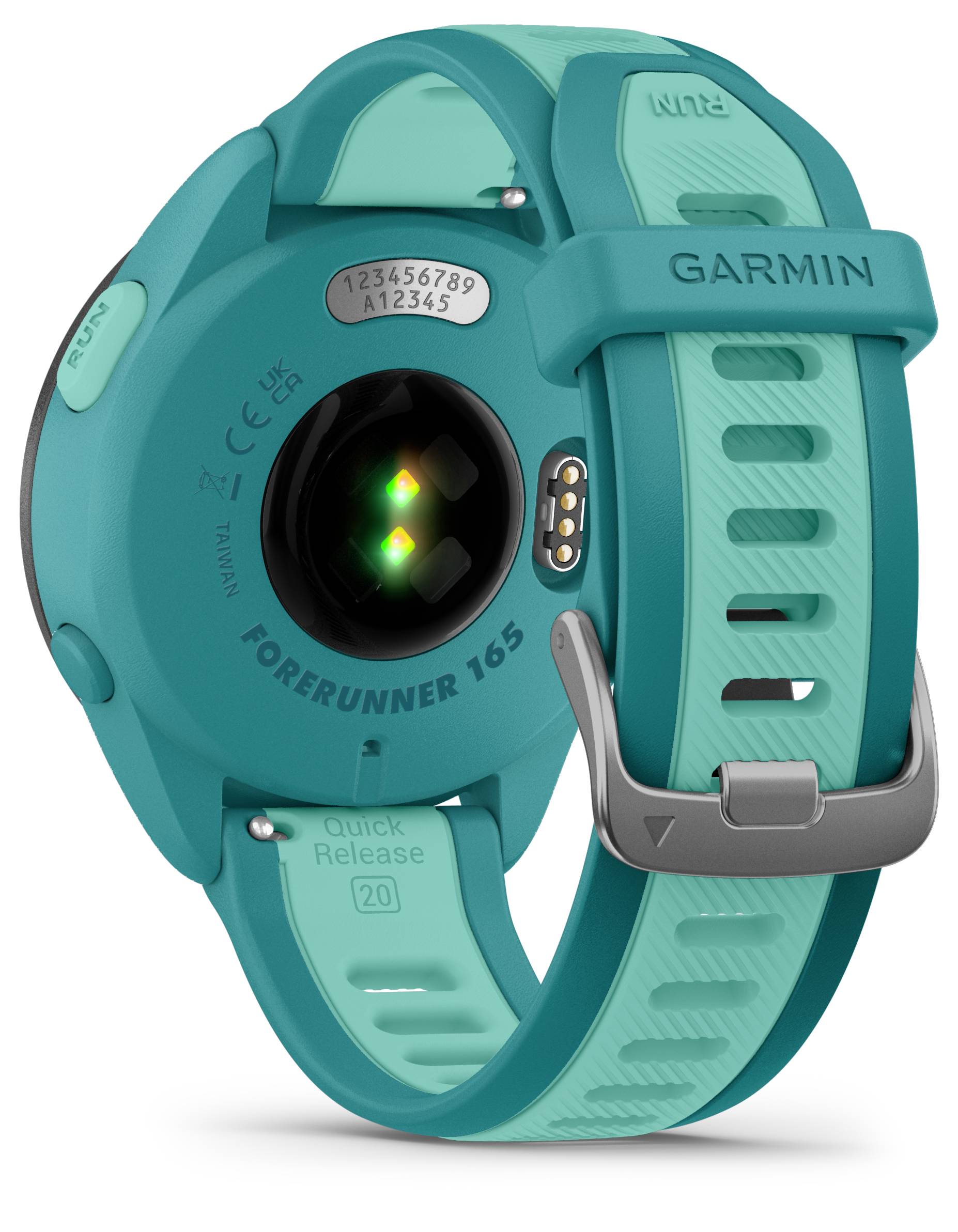 Back of a blue sports watch with heart rate sensor and brand name, showing sensors and strap clasp.