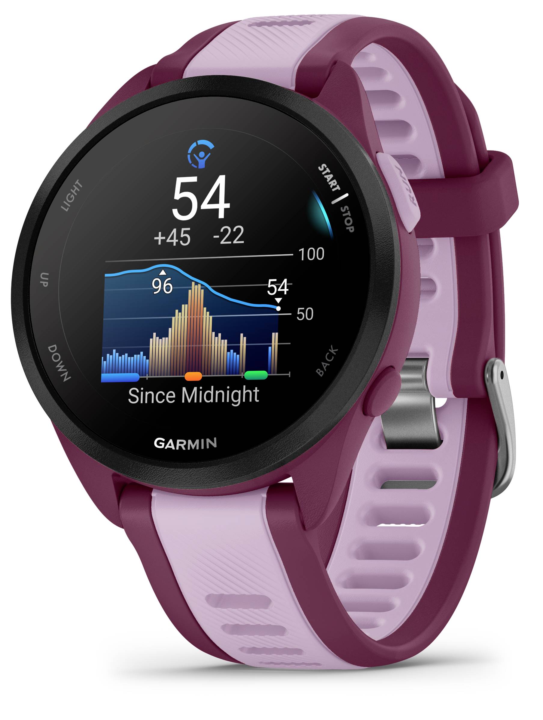 A smartwatch displays current weather data and health statistics on a colour display. It is wine red with pink accents.