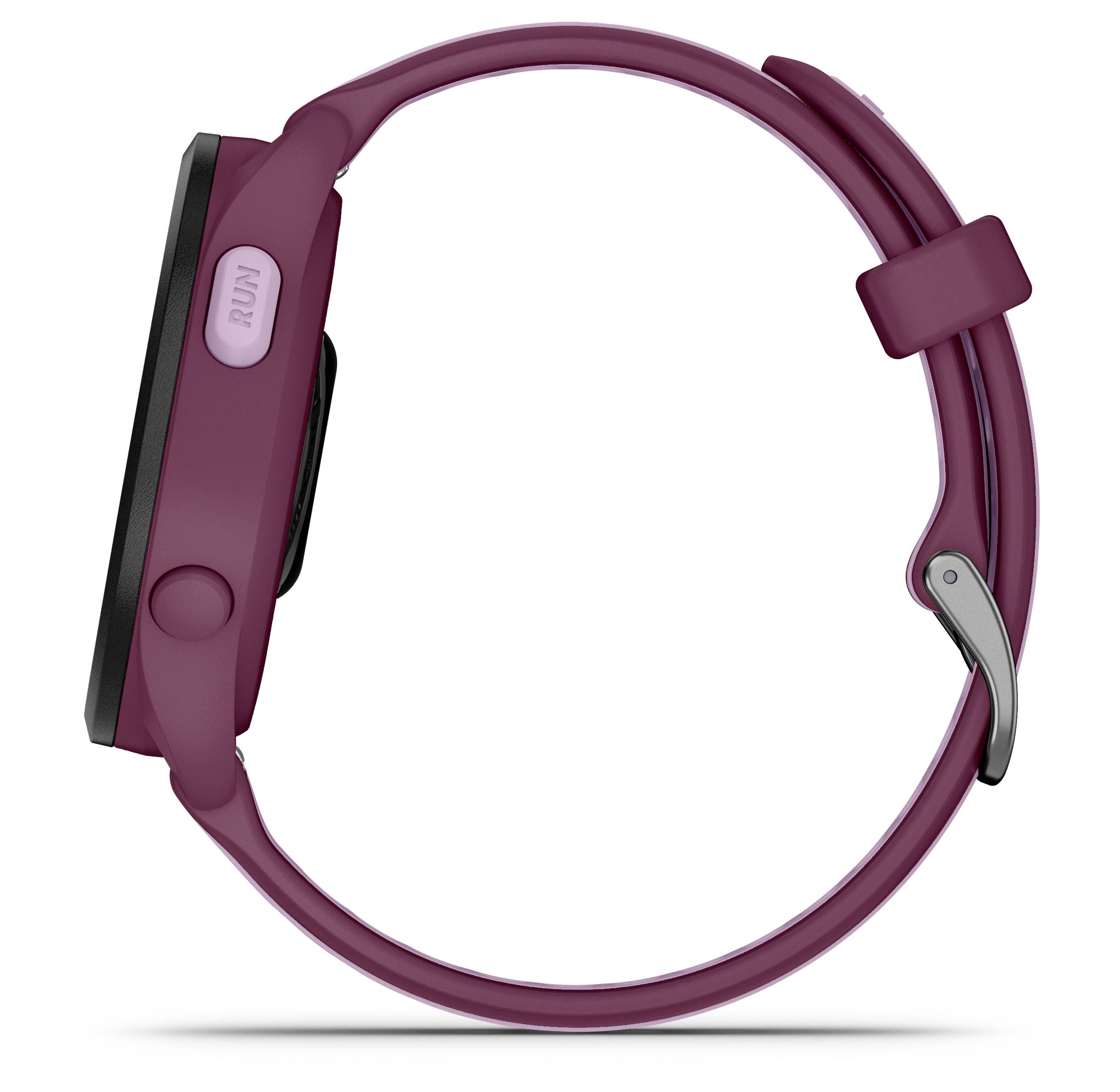 Smartwatch with a purple strap, side view with a button on the left side.
