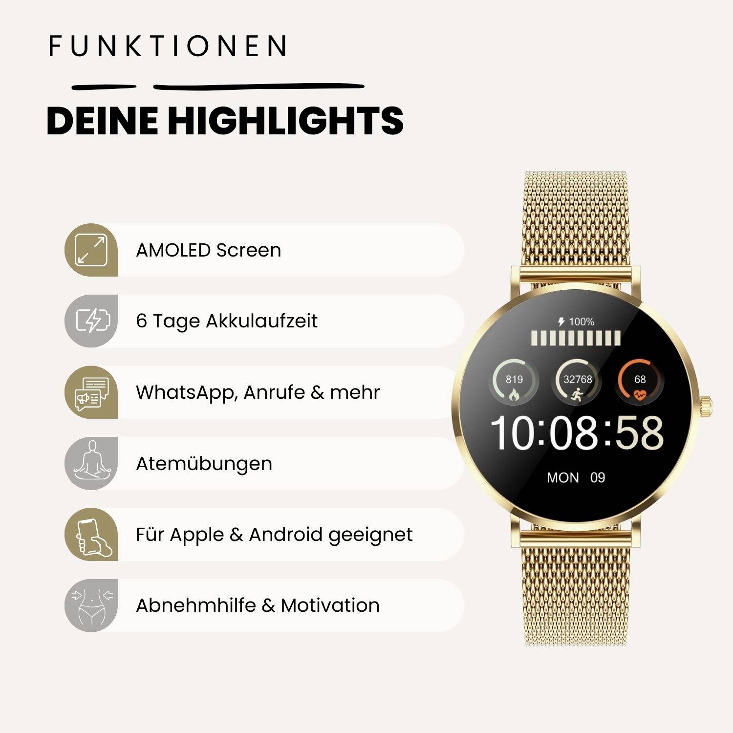 A golden smartwatch with a round dial shows the time. Text beside it lists features: AMOLED display, 6-day battery life, WhatsApp, calls, breathing exercises, Apple & Android, weight management.