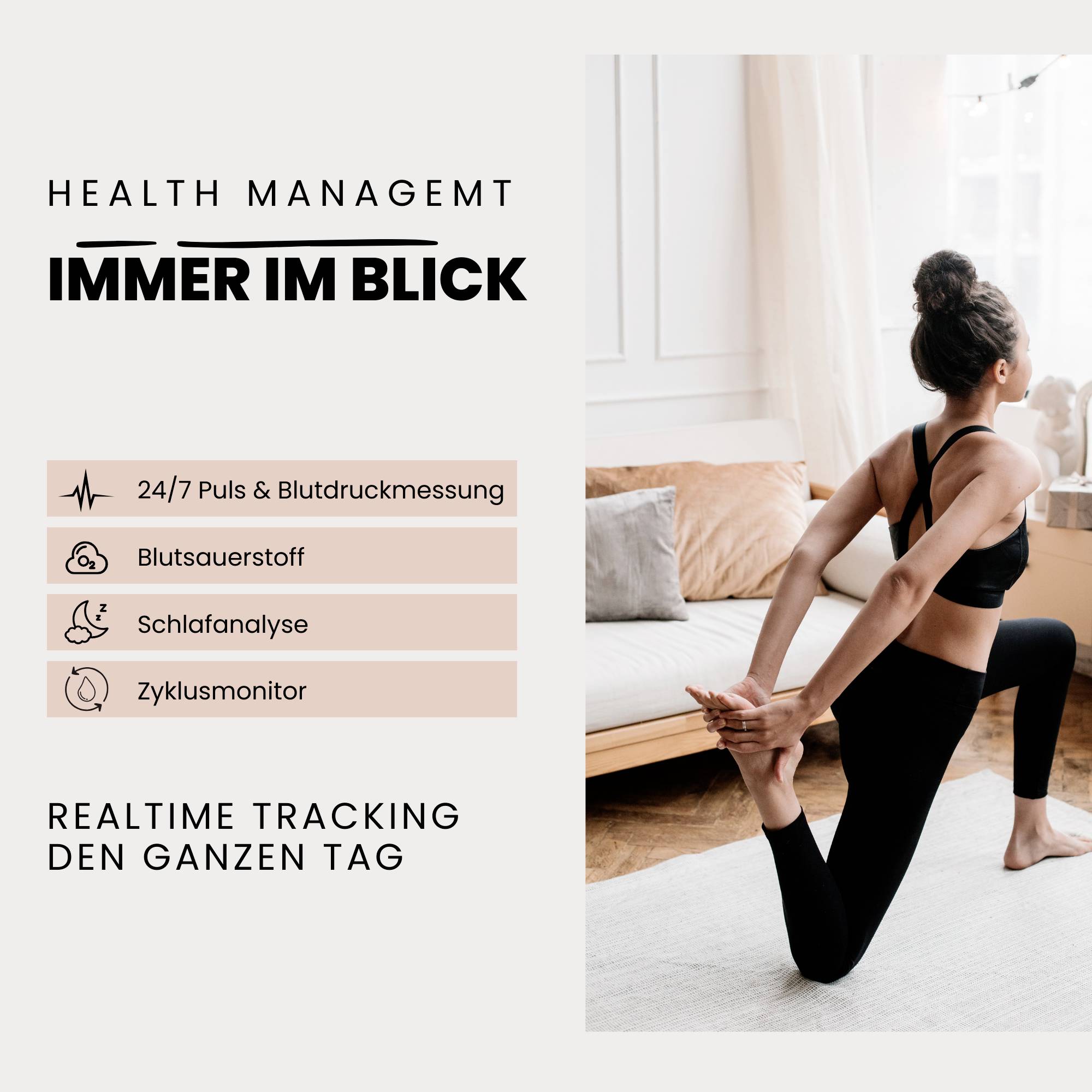 Woman sits in yoga pose in living room. Text on left: '24/7 Heart Rate & Blood Pressure Monitoring, Blood Oxygen, Cycle Tracking.'