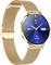 Gold smartwatch with blue dial showing date '09/12', heart rate '68', battery level '100%', and steps '32,768'.