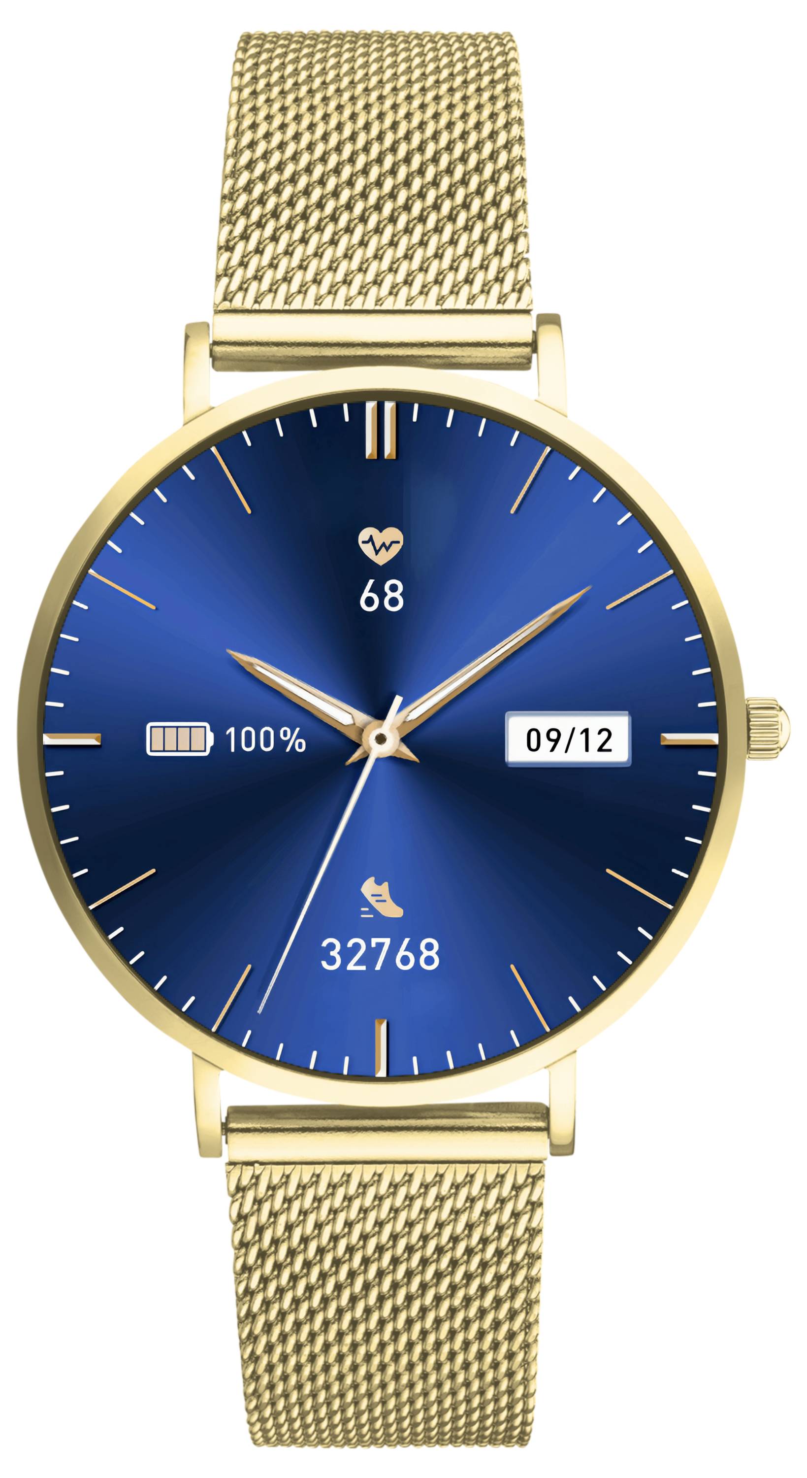 Gold wristwatch with blue dial. Displays heart rate '68 bpm', battery status '100%', date '09/12' and step count '32,768'.