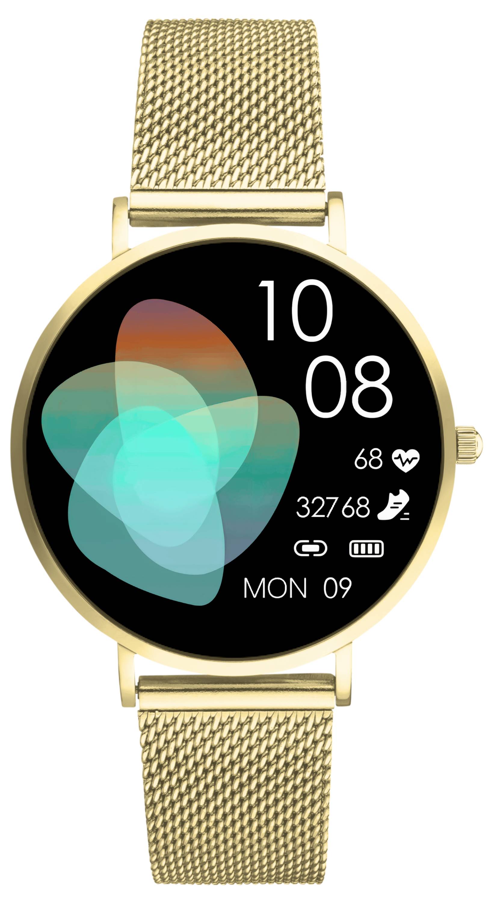 Golden smartwatch with round display. Shows time '10:08', heart rate, step count at '32,768', calories and day of the week 'Mon'.