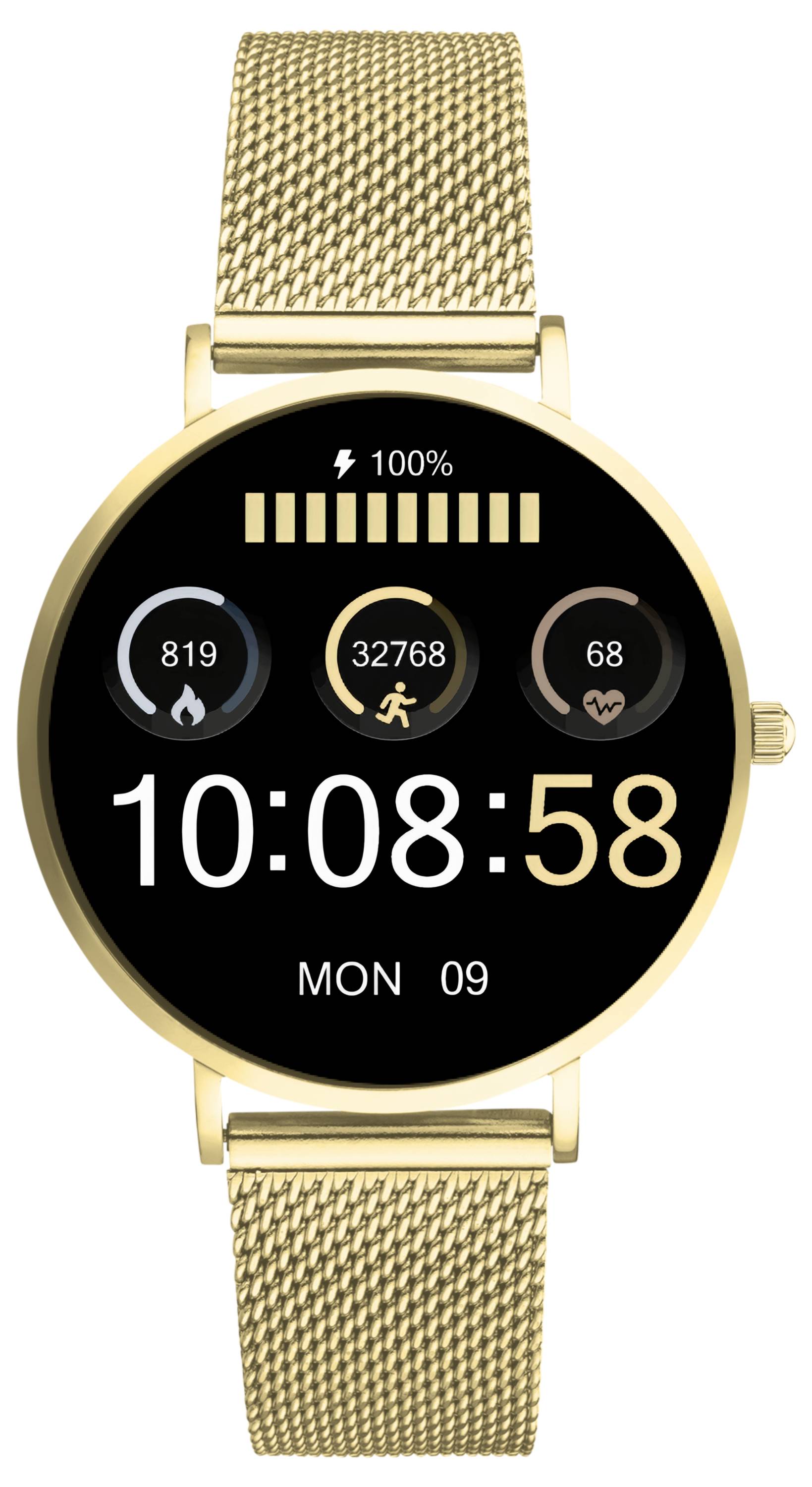 Smartwatch with gold-coloured strap. Shows steps, calories, pulse, time '10:08:58', date 'Monday, 09' and battery level 100%.