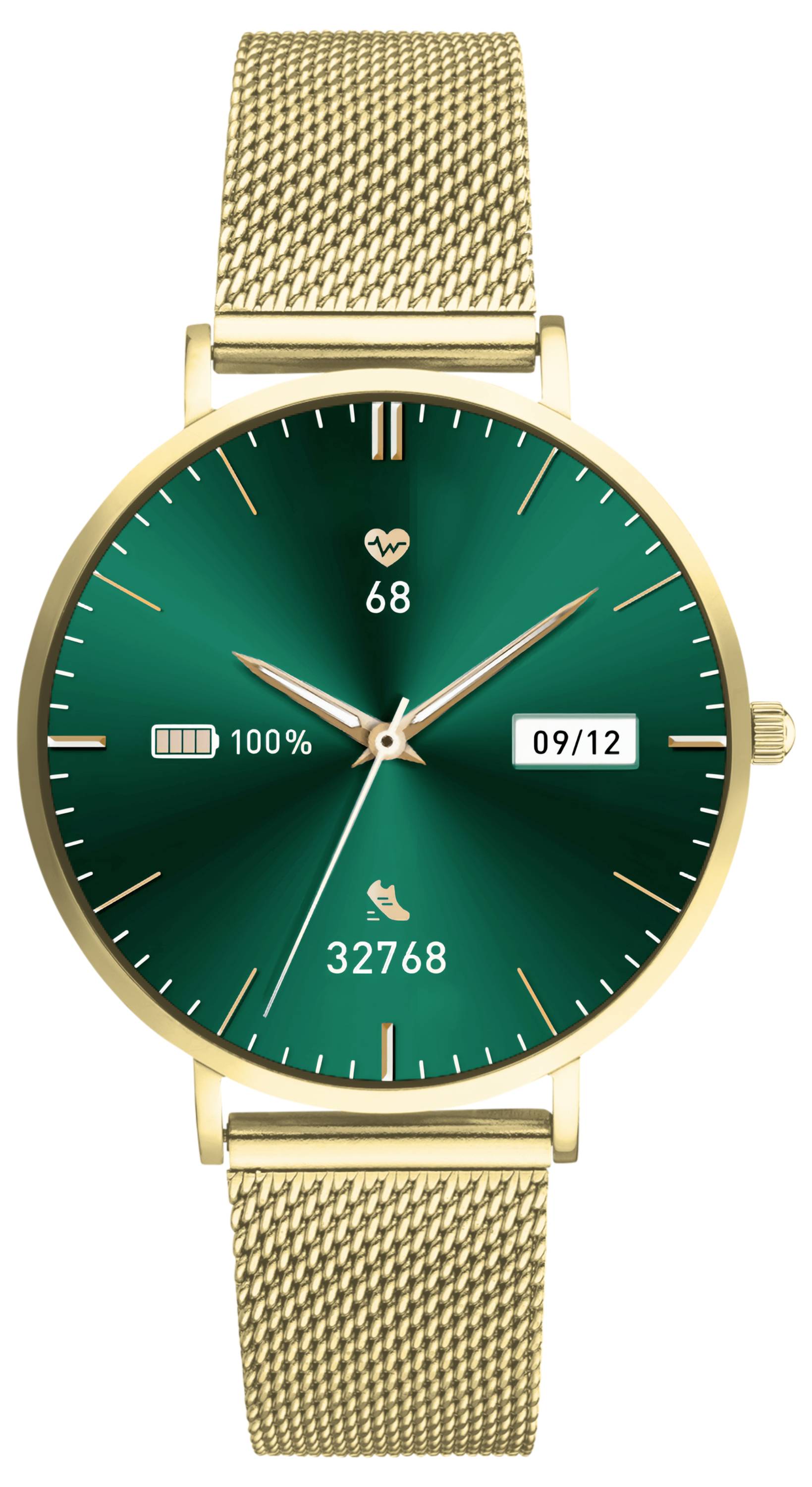Golden wristwatch with green dial shows heart rate of '68', battery status '100%', date '09/12' and steps '32,768'.