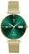 Golden wristwatch with green dial shows heart rate of '68', battery status '100%', date '09/12' and steps '32,768'.