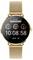 Golden smartwatch with a round dial showing time '10:08:58', date 'Mon 09', heart rate, steps and calorie burn.