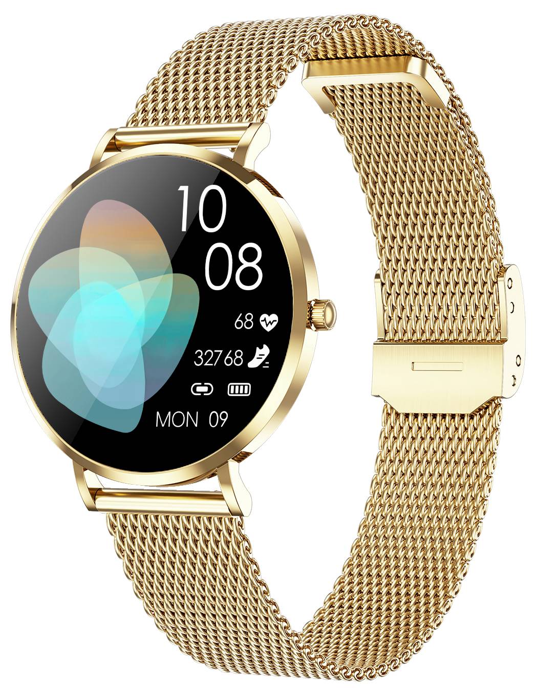 Golden smartwatch with mesh strap. Display shows time 10:08, heart rate 68, steps 32,768 and symbol for Monday, 9th.