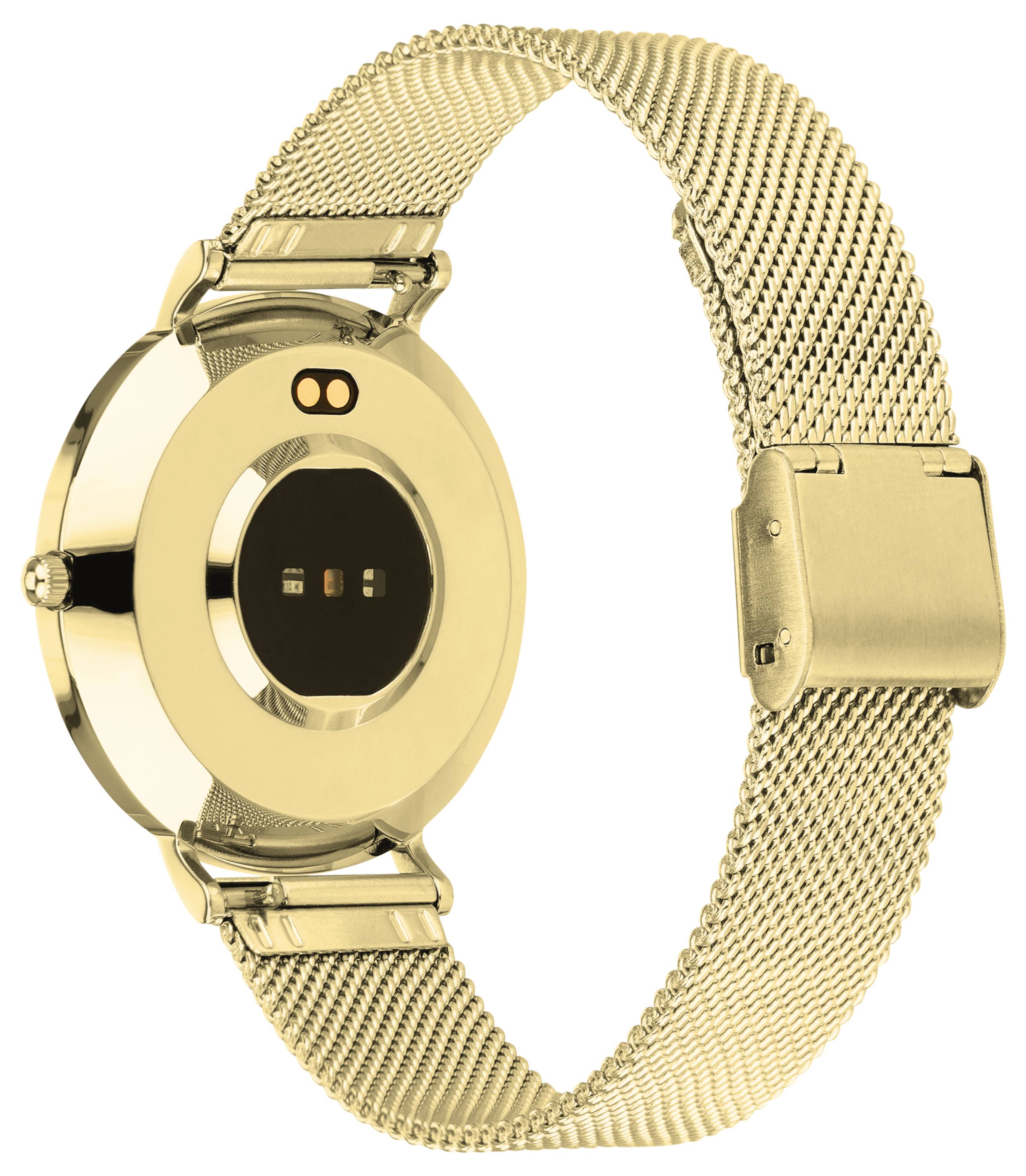 Golden smartwatch with a round case and metal strap, rear side showing sensors.