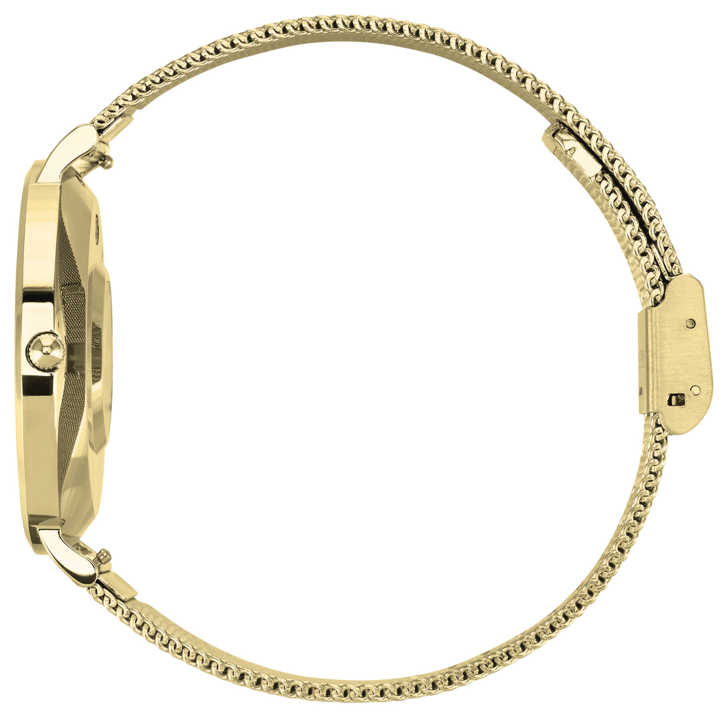 Golden wristwatch seen from the side, with a delicate metal strap, a round watch face, and a buckle. Elegant and understated in design.