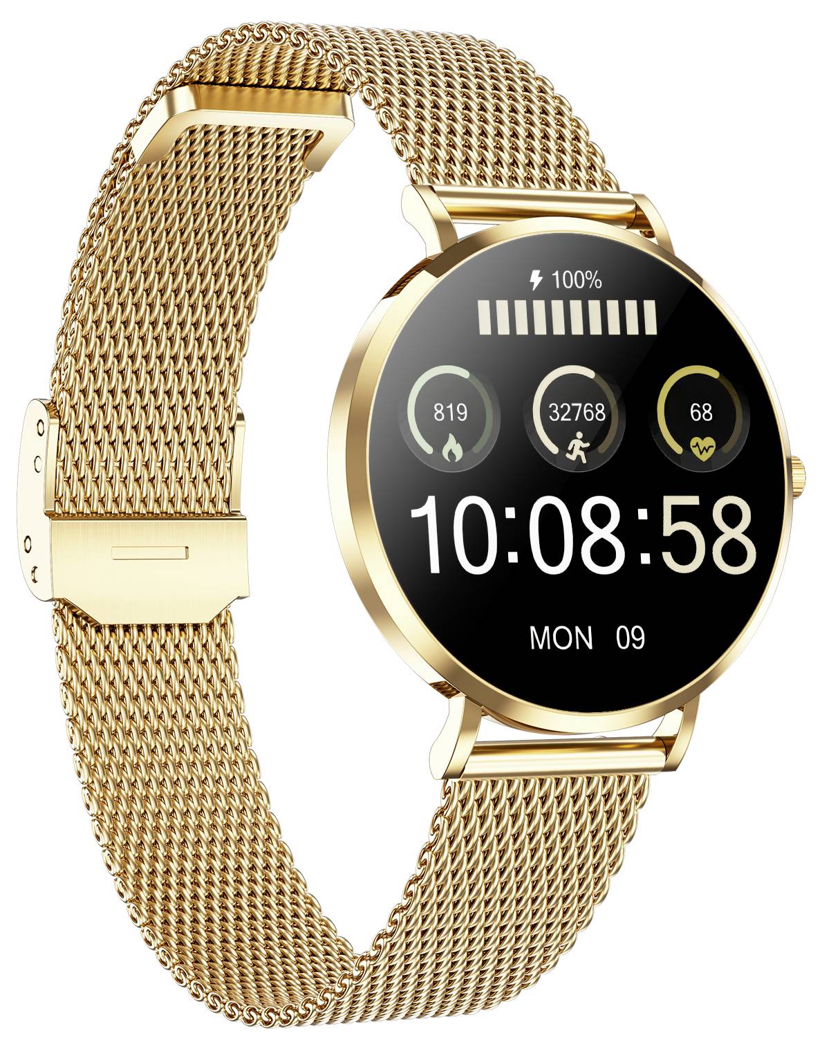 Golden smartwatch with a round dial showing the time 10:08:58 and date. Fitness data such as steps and calories are visible.