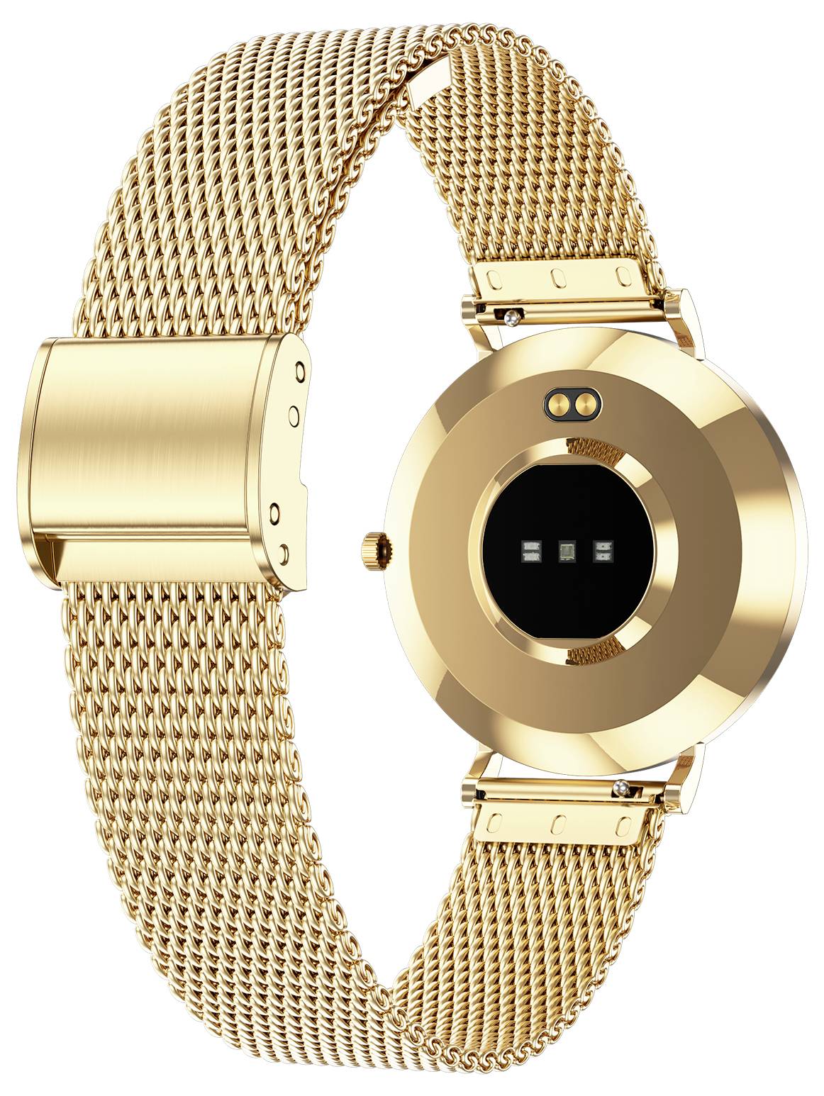 Golden wristwatch with a metal bracelet and round case. The watch shows its reverse side with sensors. No dial visible.