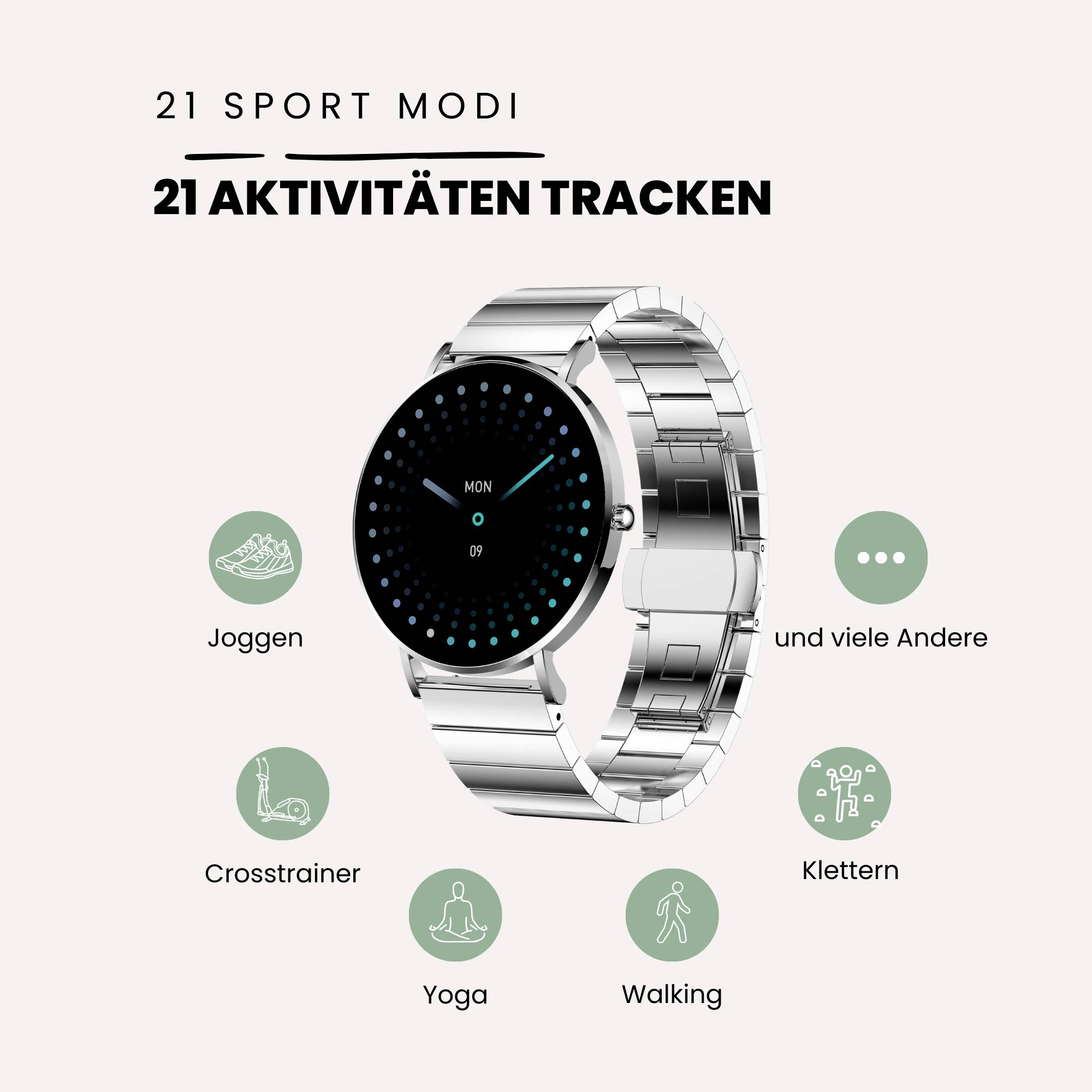 A smartwatch is shown with the inscription '21 Sport Modes'. Activities such as jogging, cross-trainer, yoga, walking and climbing are listed.
