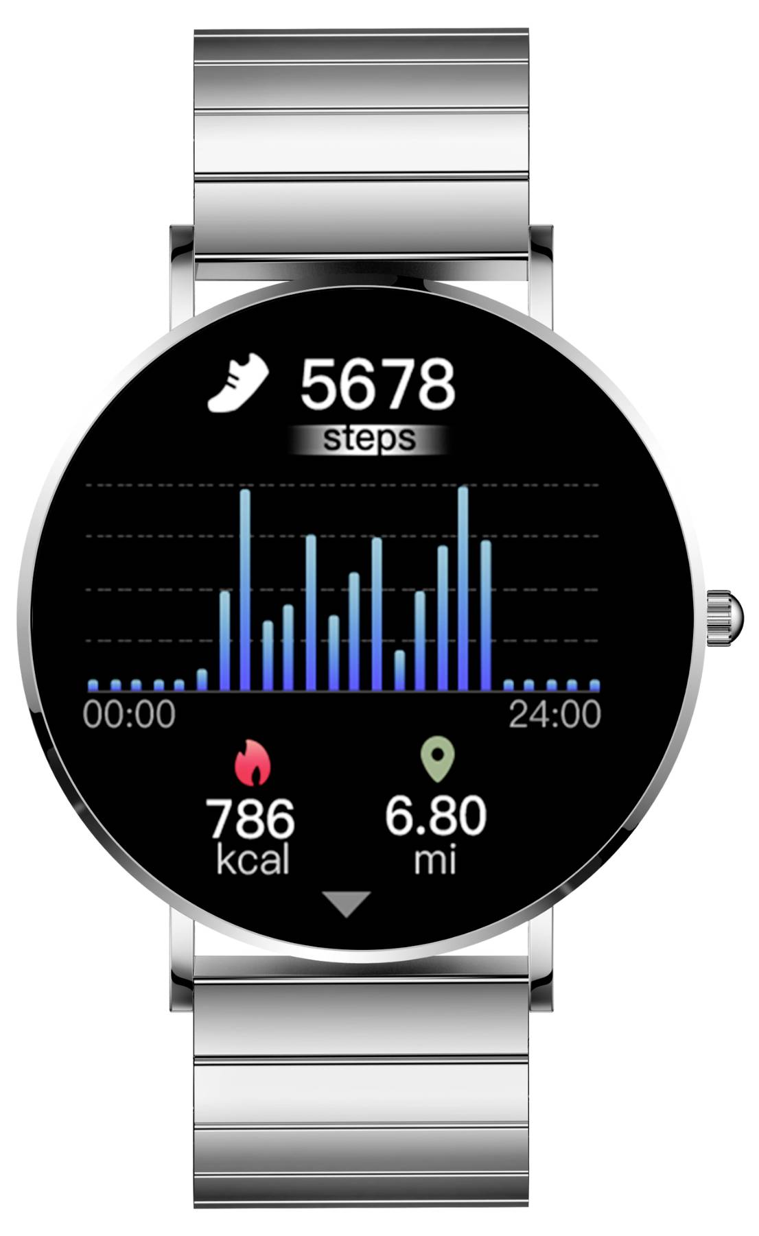 Smartwatch with black display. Shows '5678 steps', graph of step count, '786 kcal', '6.80 miles'. Silver strap.