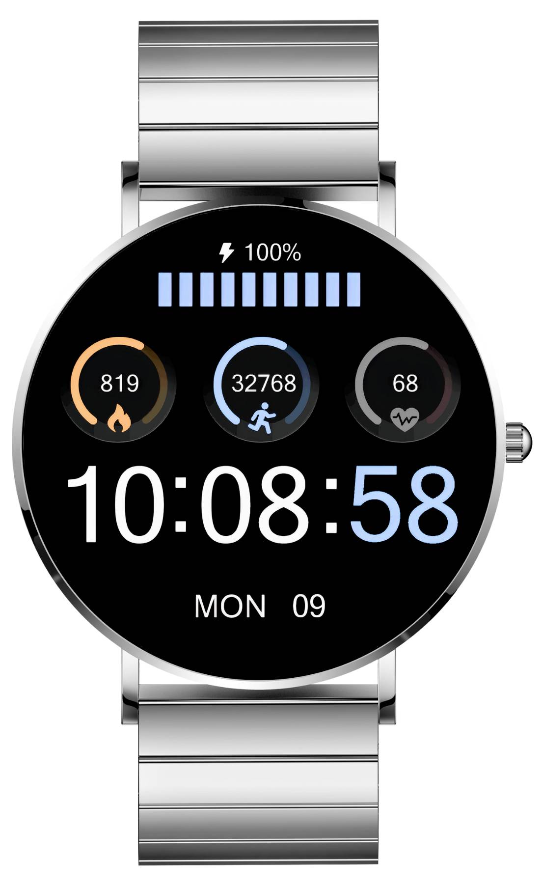 A smartwatch displays time: 10:08:58, Date: Monday, 9th. Steps: 32,768, Calories: 819, Heart Rate: 68 bpm. Battery Status: 100%.