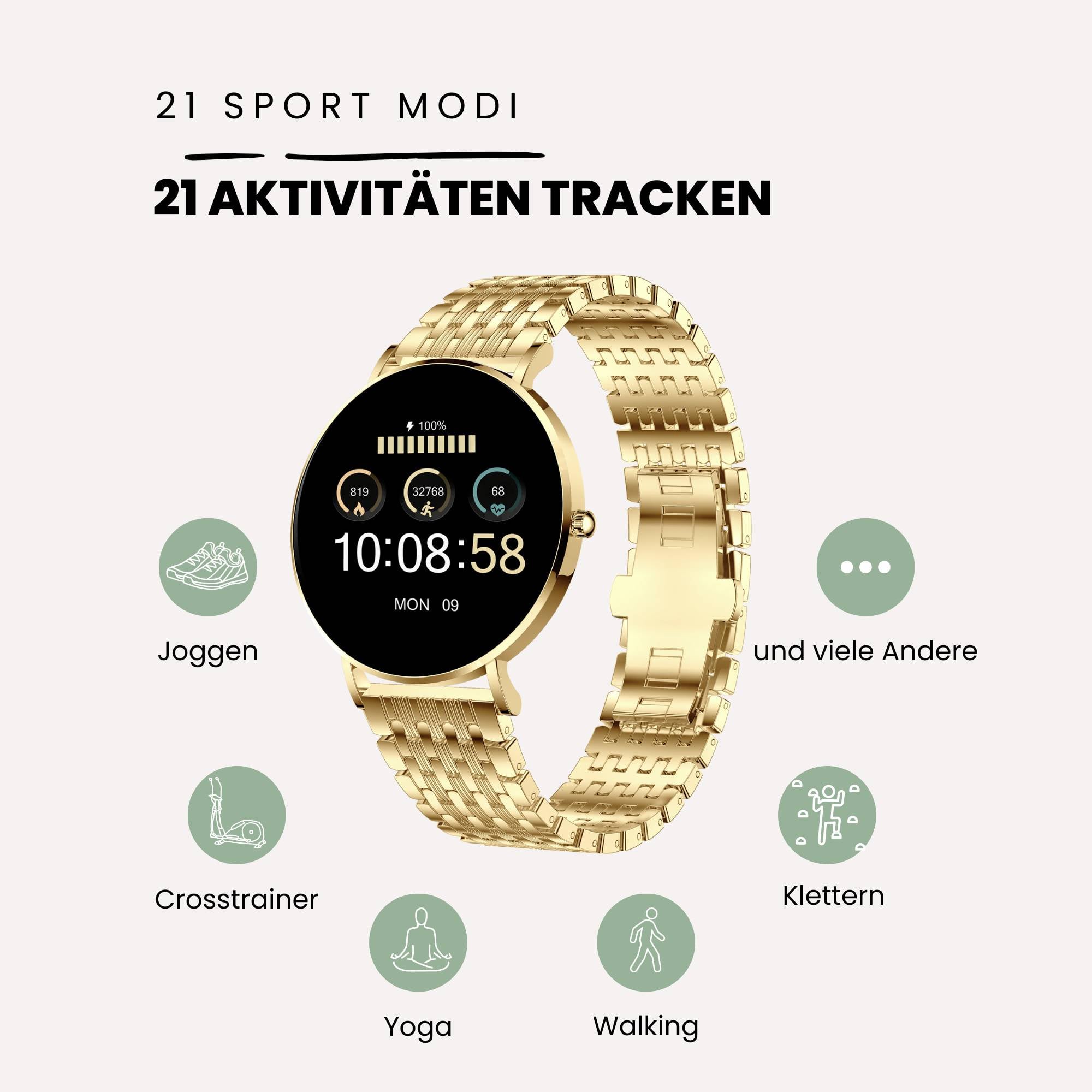 A golden smartwatch displays '00:58' on the screen, surrounded by icons for sports such as jogging, cross-trainer, yoga, walking, and climbing.