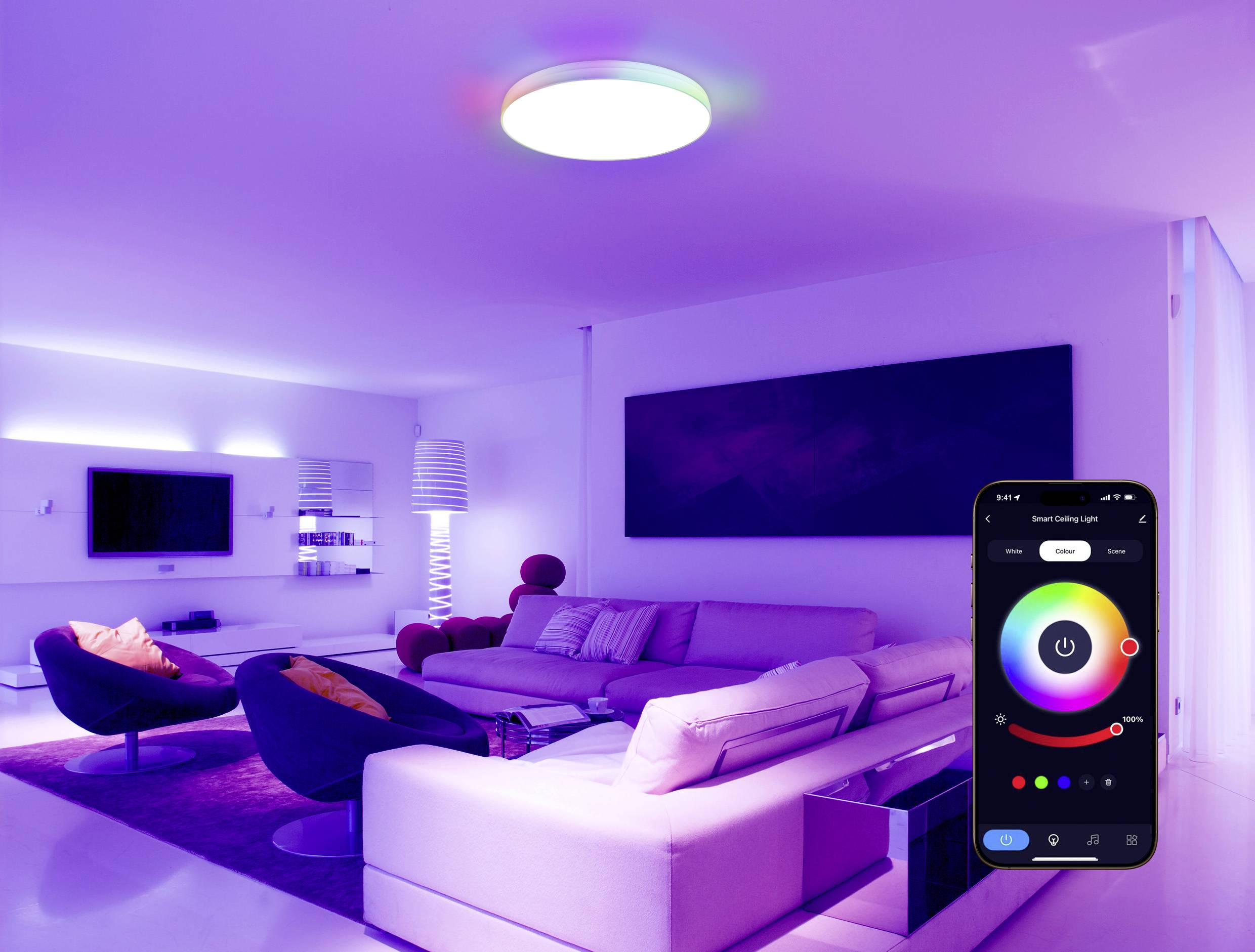 A modern living room with colored ambient lighting. A smartphone screen displays a lighting control app, indicating smart home technology.