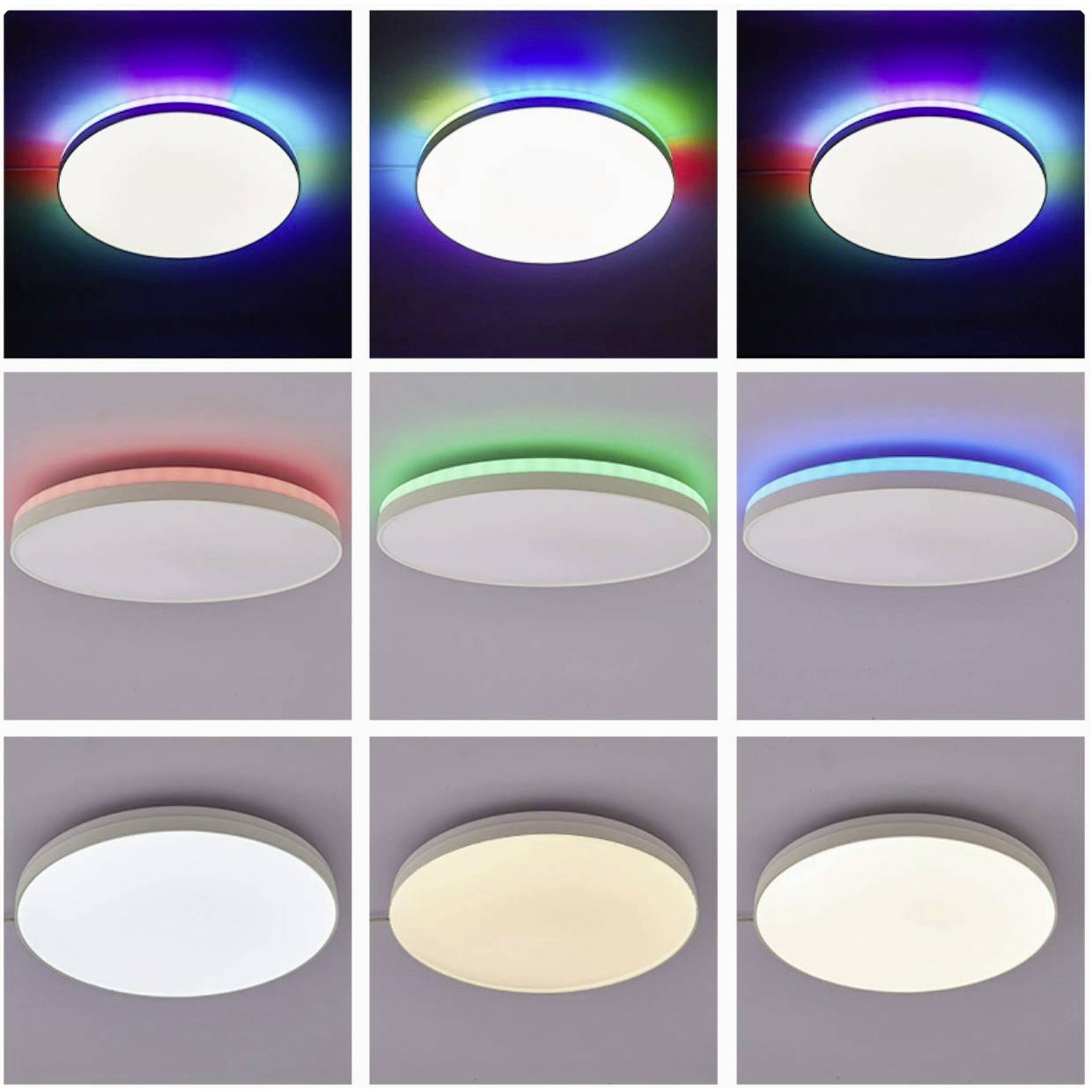 A grid of ceiling lights displays various color modes: top emits rainbow hues; middle shows red, green, blue; bottom lights are white, warm, and dimmed.