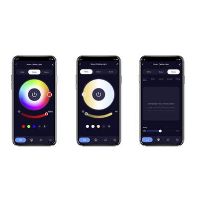 Smartphone app interface for controlling a smart ceiling light. Three screens display color selection with a wheel, brightness adjustment, and setting options.