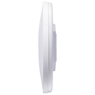 A side view of a round, white electronic device, likely a smoke detector or ceiling-mounted sensor, with a slightly convex shape.